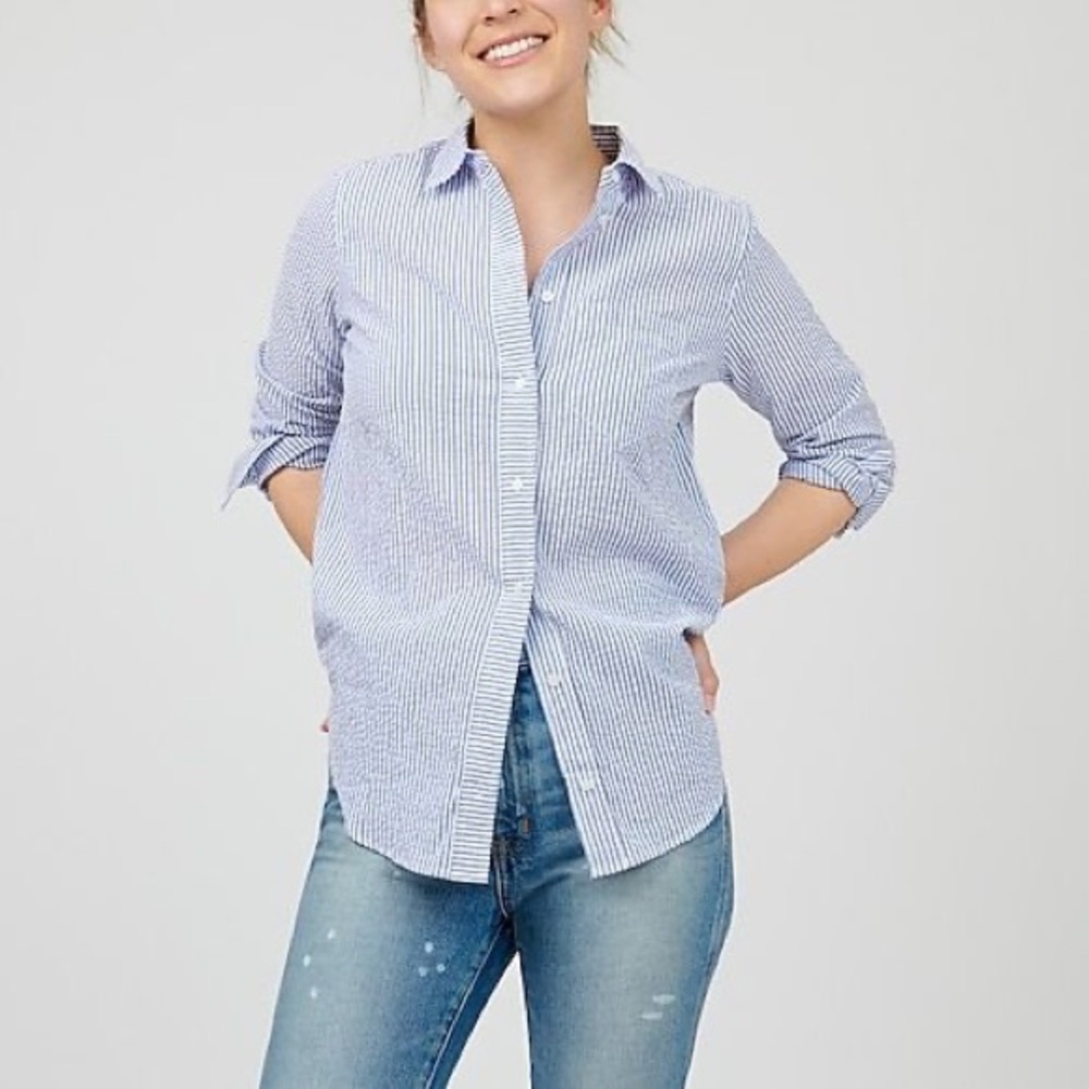 J. Crew Classic Blue and White Seersucker Striped Shirt